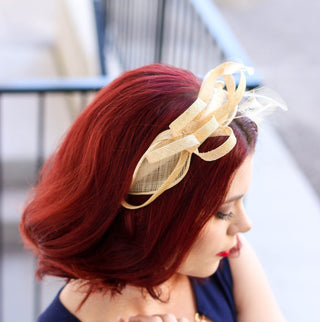 Gold tea hat fascinator, Champagne Gold Fascinator , Womens Tea Party Hat, Church Hat, Derby Hat, Fancy Hat, Champagne Gold  Hat, Tea Party