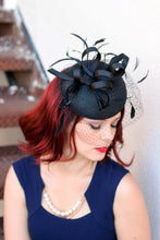 Load image into Gallery viewer, The Madelyn Black Fascinator with veil, Women&#39;s Tea Party Hat, Church Hat, Derby Hat, Fancy Hat, Black Hat, Tea Party Hat, wedding hat