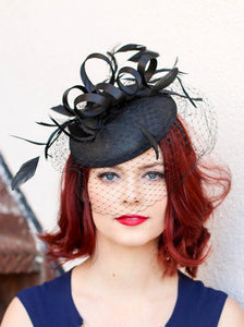 The Madelyn Black Fascinator with veil, Women&#39;s Tea Party Hat, Church Hat, Derby Hat, Fancy Hat, Black Hat, Tea Party Hat, wedding hat