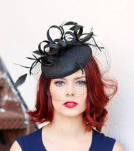 Load image into Gallery viewer, The Madelyn Black Fascinator with veil, Women&#39;s Tea Party Hat, Church Hat, Derby Hat, Fancy Hat, Black Hat, Tea Party Hat, wedding hat