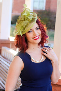 Olive Green Fascinator on headband for easy wear. Style: &quot;The Kenni&quot; Women&#39;s Tea Party Hat, Church Hat, Derby Hat, wedding hat