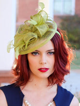 Load image into Gallery viewer, Olive Green Fascinator on headband for easy wear. Style: &quot;The Kenni&quot; Women&#39;s Tea Party Hat, Church Hat, Derby Hat, wedding hat