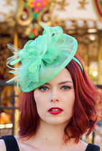 Load image into Gallery viewer, Fascinator, Mint Green Fascinator, Tea Party Hat, Church Hat, Derby Hat, Fancy Hat, Mint Green Hat, Wedding hat, British Hat, Royal Hat