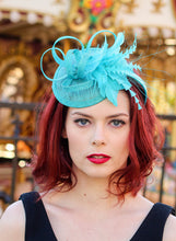 Load image into Gallery viewer, Turquoise Fascinator, Women&#39;s Tea Party Hat, Church Hat, Kentucky Derby Hat, Turquoise Hat, Tea Party Hat, wedding hat