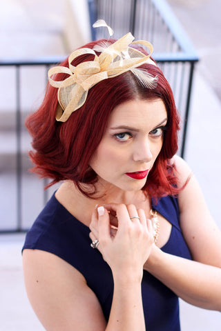Gold tea hat fascinator, Champagne Gold Fascinator , Womens Tea Party Hat, Church Hat, Derby Hat, Fancy Hat, Champagne Gold  Hat, Tea Party