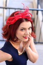 Load image into Gallery viewer, Red Fascinator, Fascinator, Tea Party Hat, Church Hat, Derby Hat, Fancy Hat, Wedding hat, Red Fascinator, womens hat, Britsh Hat, Royal Hat
