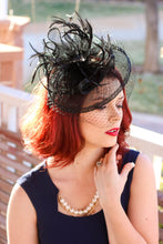 Load image into Gallery viewer, Black Fascinator on headband - light and easy to wear Women&#39;s Hat with Veil, Kentucky Derby Hat, wedding hat, British Hat