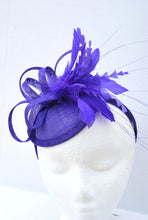 Load image into Gallery viewer, Royal Purple Fascinator, Tea Party Hat, Church Hat, Kentucky Derby Hat, Fancy Hat, British Hat, Wedding Hat Plum Purple Fascinator