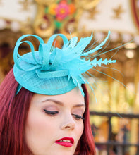 Load image into Gallery viewer, Turquoise Fascinator, Women&#39;s Tea Party Hat, Church Hat, Kentucky Derby Hat, Turquoise Hat, Tea Party Hat, wedding hat
