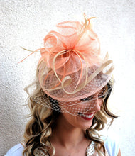 Load image into Gallery viewer, The Brynlee Pink Fascinator, Women&#39;s Tea Party Hat, Hat with Veil, Kentucky Derby Hat, Fancy Hat, Tea Party Hat, wedding hat, British Hat