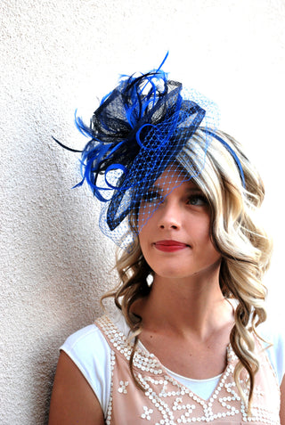 Royal Blue & Navy Fascinator, Womens Tea Party Hat, Hat with Veil, Kentucky Derby Hat, Fancy Hat, Tea Party Hat, wedding hat, British Hat