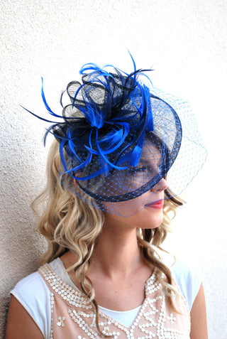 Royal Blue & Navy Fascinator, Womens Tea Party Hat, Hat with Veil, Kentucky Derby Hat, Fancy Hat, Tea Party Hat, wedding hat, British Hat