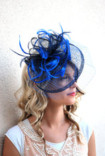 Load image into Gallery viewer, Royal Blue &amp; Navy Fascinator, Womens Tea Party Hat, Hat with Veil, Kentucky Derby Hat, Fancy Hat, Tea Party Hat, wedding hat, British Hat