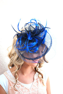 Royal Blue & Navy Fascinator, Womens Tea Party Hat, Hat with Veil, Kentucky Derby Hat, Fancy Hat, Tea Party Hat, wedding hat, British Hat