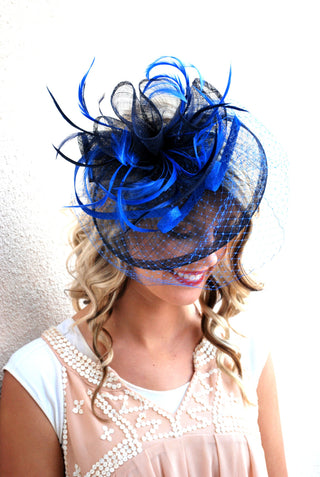 Royal Blue & Navy Fascinator, Womens Tea Party Hat, Hat with Veil, Kentucky Derby Hat, Fancy Hat, Tea Party Hat, wedding hat, British Hat