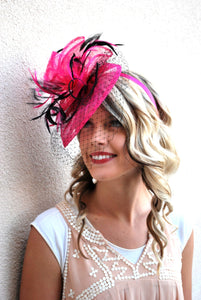 Pink and Black Fascinator with veil for women, Kentucky Derby Hat for Women, Tea Party Hat, Hat with Veil, wedding hat, British Hat
