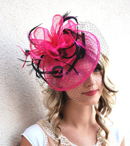 Pink and Black Fascinator with veil for women, Kentucky Derby Hat for Women, Tea Party Hat, Hat with Veil, wedding hat, British Hat