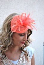 Load image into Gallery viewer, The Haleigh Coral Fascinator, Tea Party Hat, Church Hat, Kentucky Derby Hat, Fancy Hat, Pink Hat, Wedding Hat, British Hat, Coral Hat