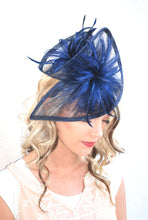 Load image into Gallery viewer, Navy Blue Fascinator, Womens Tea Party Hat, Church Hat, Wedding Hat, Church Fascinator, Derby Hat, Kentucky Derby Hat, English Hat,