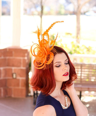 Orange Fascinator, Womens Tea Party Hat, Church Hat, Derby Hat, Fancy Hat, Bachelorette Hat, Tea Party Hat, wedding hat