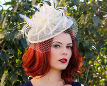 Load image into Gallery viewer, The Brynlee Ivory Fascinator, Women&#39;s Tea Party Hat, Hat with Veil, Church Hat, Derby Hat, Fancy Hat, Ivory Hat, Tea Party Hat, wedding hat