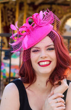 Load image into Gallery viewer, Hot Pink Fascinator with Veil, Tea Party Hat, Church Hat, Kentucky Derby Hat, Fancy Hat, Pink Hat, Tea Party Hat, wedding hat, British Hat