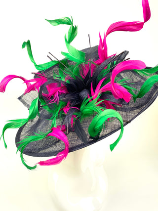 NAVY BLUE DERBY HAT w/ FUCHSIA & GREEN CURLS