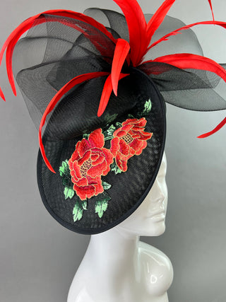 BLACK WITH RED ROSE EMBROIDERY FASCINATOR