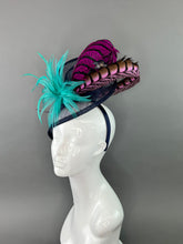 Load image into Gallery viewer, NAVY BLUE &amp; TURQUOISE PINK LOOPED FEATHER FASCINATOR