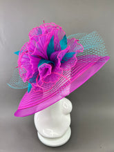 Load image into Gallery viewer, FUCHSIA PINK CRINOLINE HAT WITH TURQUOISE ACCENTS