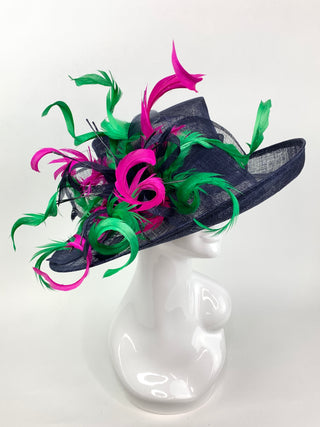 NAVY BLUE DERBY HAT w/ FUCHSIA & GREEN CURLS