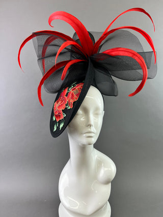 BLACK WITH RED ROSE EMBROIDERY FASCINATOR