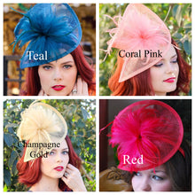 Load image into Gallery viewer, Kentucky Derby hat, in teal, coral pink, champagne gold and red