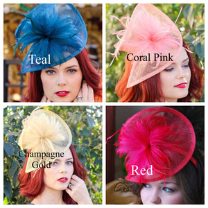 Kentucky Derby hat, in teal, coral pink, champagne gold and red