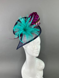 NAVY BLUE & TURQUOISE PINK LOOPED FEATHER FASCINATOR