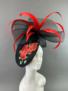 BLACK WITH RED ROSE EMBROIDERY FASCINATOR
