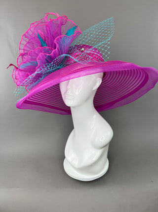 FUCHSIA PINK CRINOLINE HAT WITH TURQUOISE ACCENTS