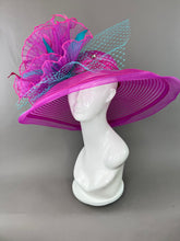 Load image into Gallery viewer, FUCHSIA PINK CRINOLINE HAT WITH TURQUOISE ACCENTS