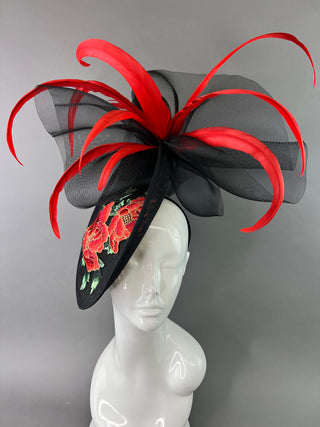 BLACK WITH RED ROSE EMBROIDERY FASCINATOR