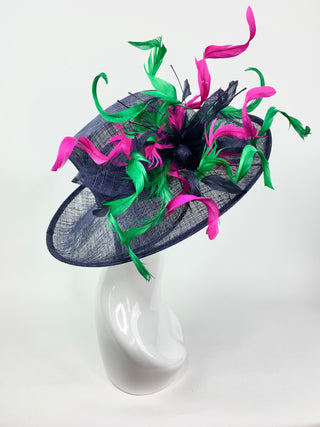 NAVY BLUE DERBY HAT w/ FUCHSIA & GREEN CURLS