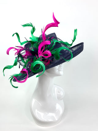 NAVY BLUE DERBY HAT w/ FUCHSIA & GREEN CURLS