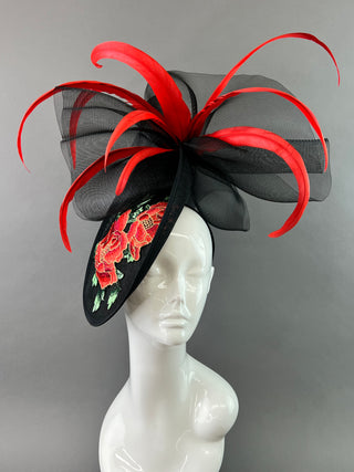 BLACK WITH RED ROSE EMBROIDERY FASCINATOR