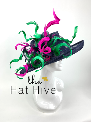 NAVY BLUE DERBY HAT w/ FUCHSIA & GREEN CURLS