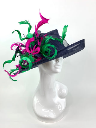 NAVY BLUE DERBY HAT w/ FUCHSIA & GREEN CURLS