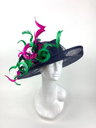 NAVY BLUE DERBY HAT w/ FUCHSIA & GREEN CURLS