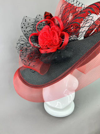 BLACK FLOPPY HAT WITH RED LADY AMHERST FEATHERS
