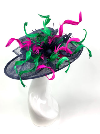 NAVY BLUE DERBY HAT w/ FUCHSIA & GREEN CURLS