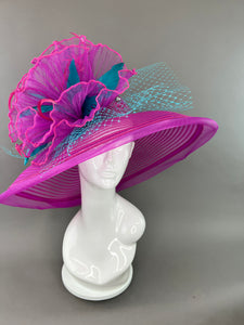 FUCHSIA PINK CRINOLINE HAT WITH TURQUOISE ACCENTS