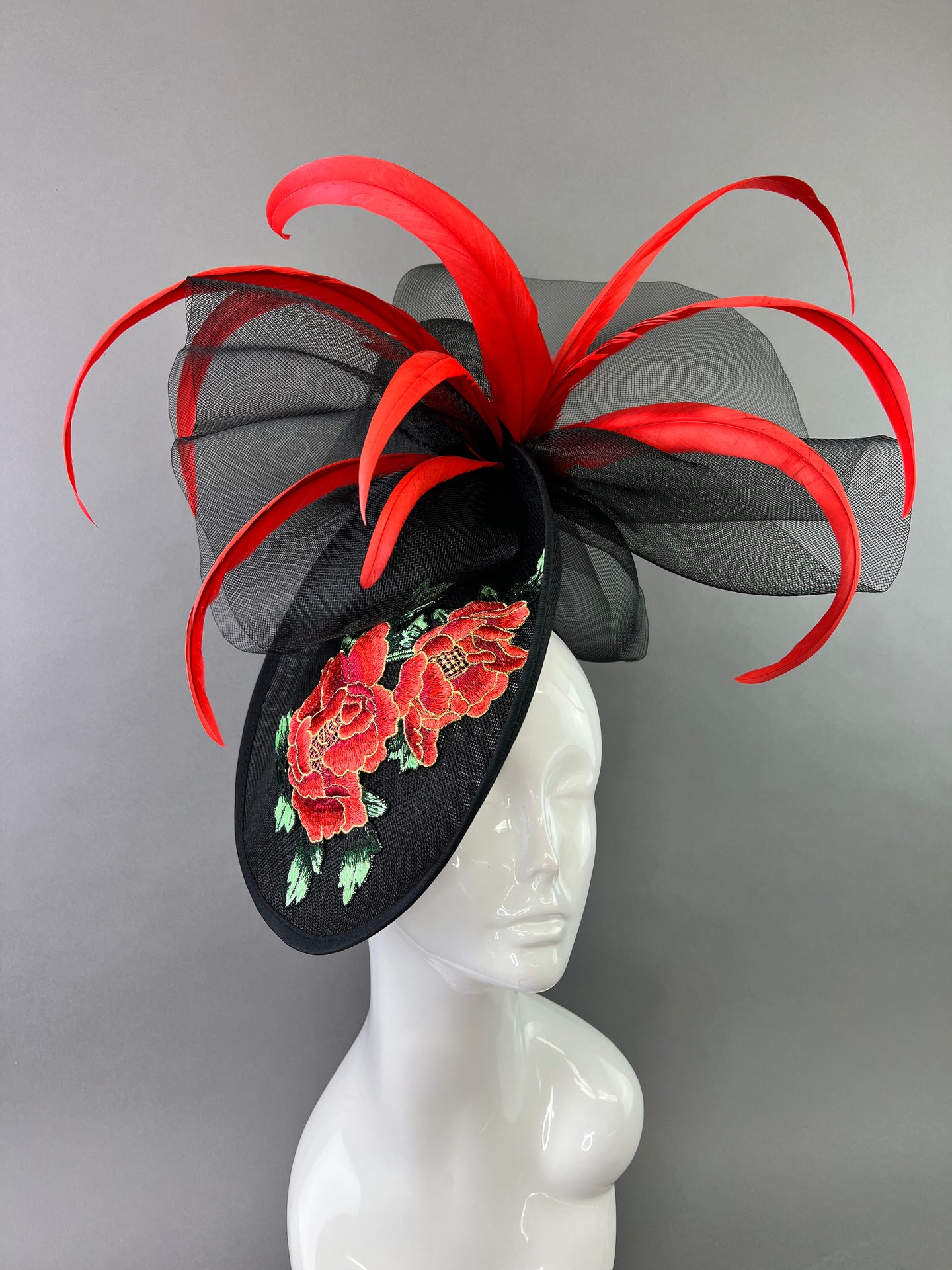 black and red fascinator