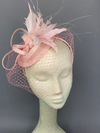 Light Pink Fascinator with veil attaches with headband, - The Hat Hive